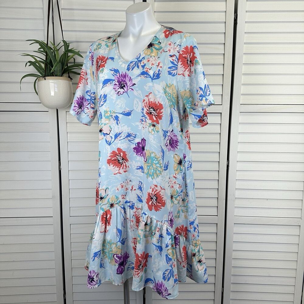 New Tolani Iggy‎ Floral Dress Pleated Ruffle Babydoll V Neck Womens Size L
